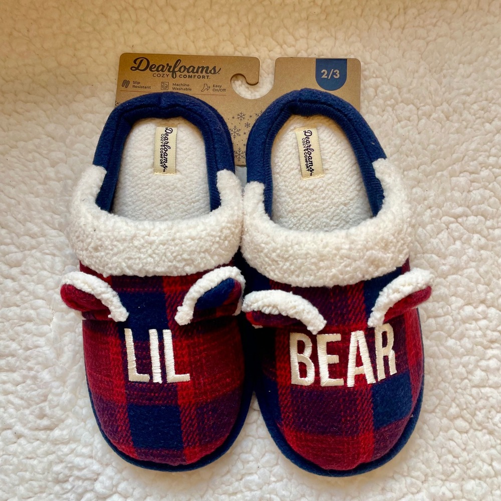 Dearfoams Kids Lil Bear Buffalo Plaid‎ Slippers Red Navy Blue Faux Fur Size 2/3